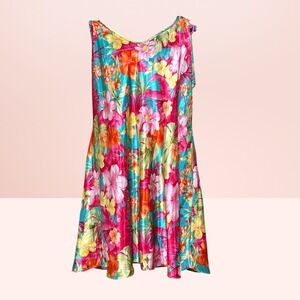 Sophia by Delicates Y2K Tropical Floral Satin Chemise Nightgown Vibrant‎ L Pink